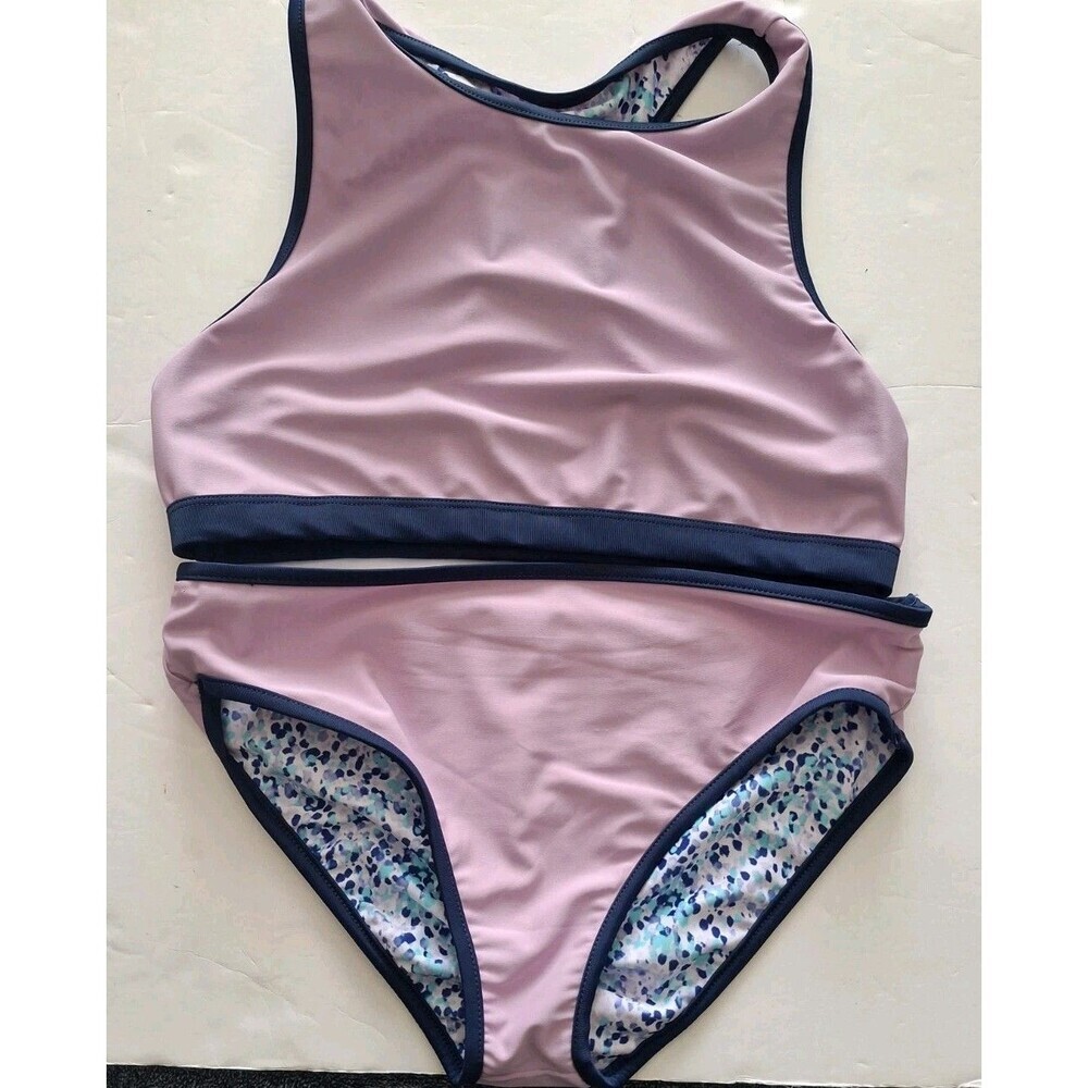 Eddie Bauer Girls 2 Piece Reversible Swimsuit Med 10-12 Purple Blue Polka Dots
